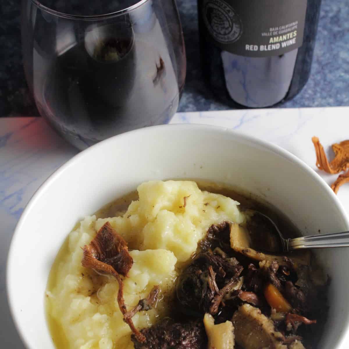 bowl of chanterelle mushroom beef stew with a red wine.