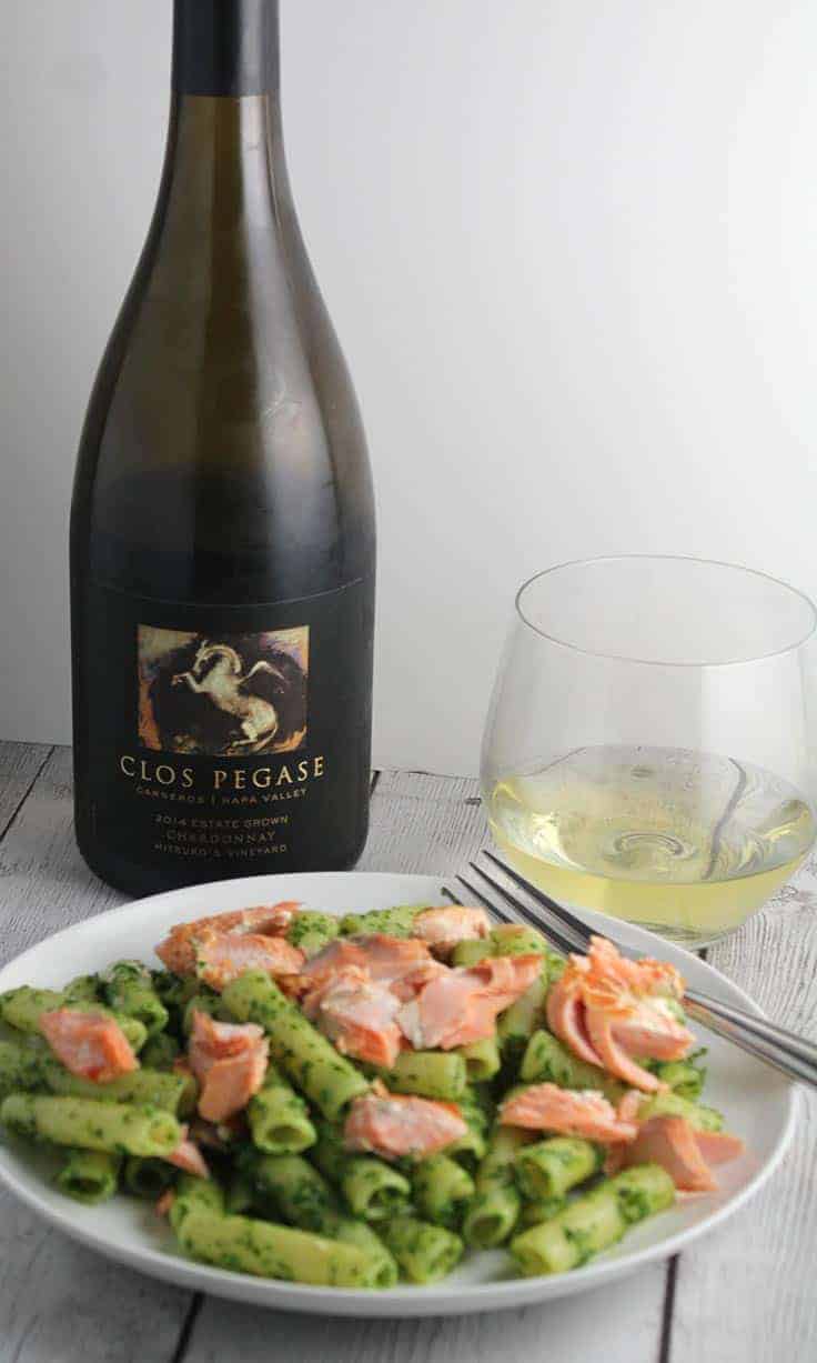 Clos Pegase Mitsuko's Vineyard Chardonnay pairs with with Ziti with Salmon and Kale Pesto.