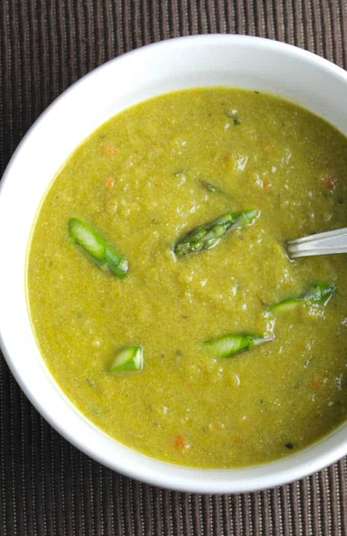 lightened cream of asparagus soup has great spring flavor without the heavy cream. One of Cooking Chat's favorite spring recipes.