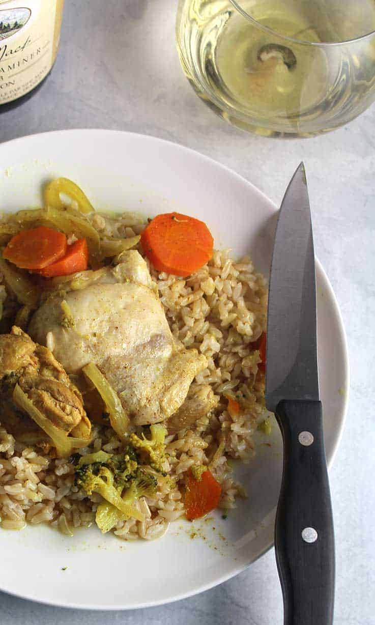 Curried Chicken Thighs recipe along with suggestions for wine to pair with curry. 