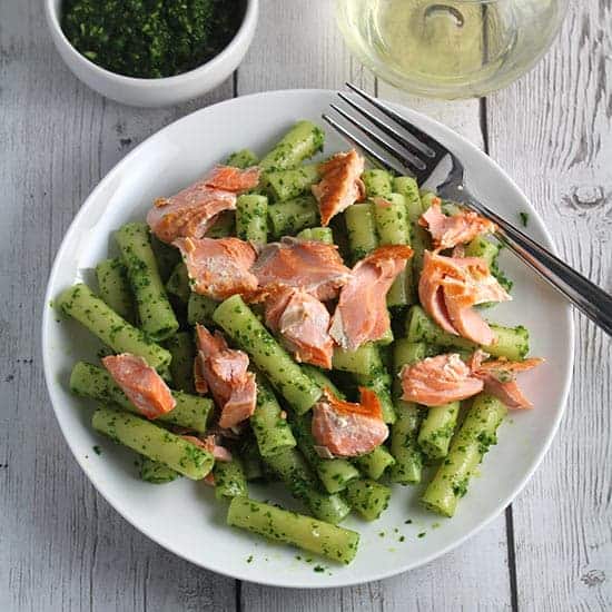 ziti with salmon and kale pesto