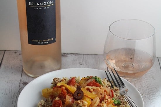 Estandon rose wine paired with tomato and tempeh skillet