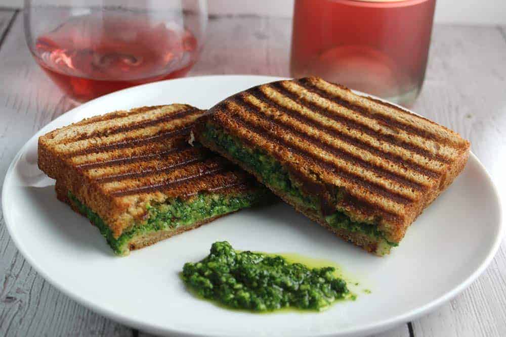 kale pesto grilled cheese with a rosé wine