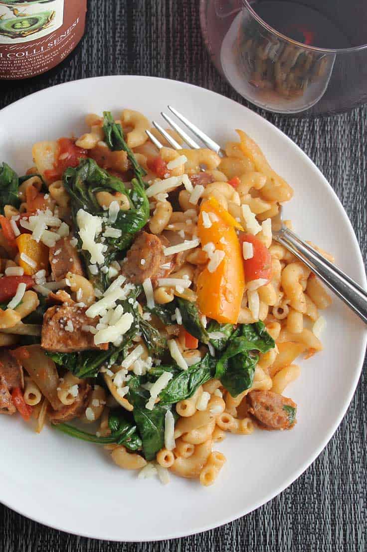 Rustic Pasta with Chicken Sausage and Spinach recipe, a hearty and healthy pasta meal.