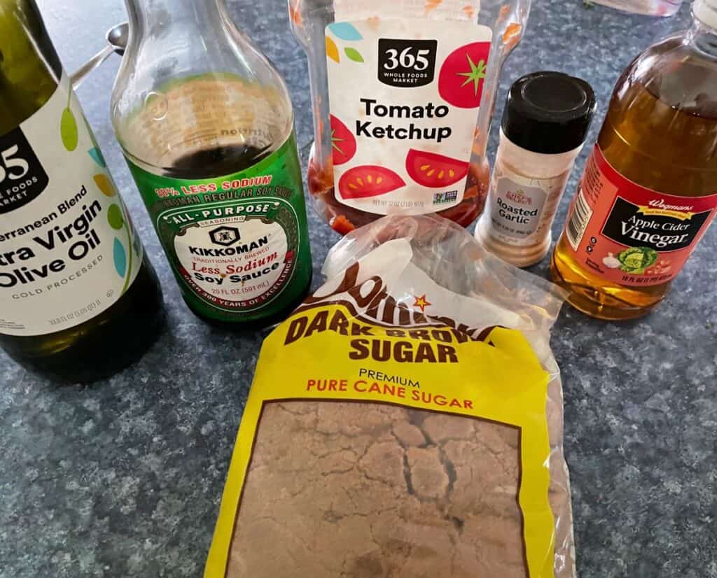 ingredients for steak tips arranged on a counter.