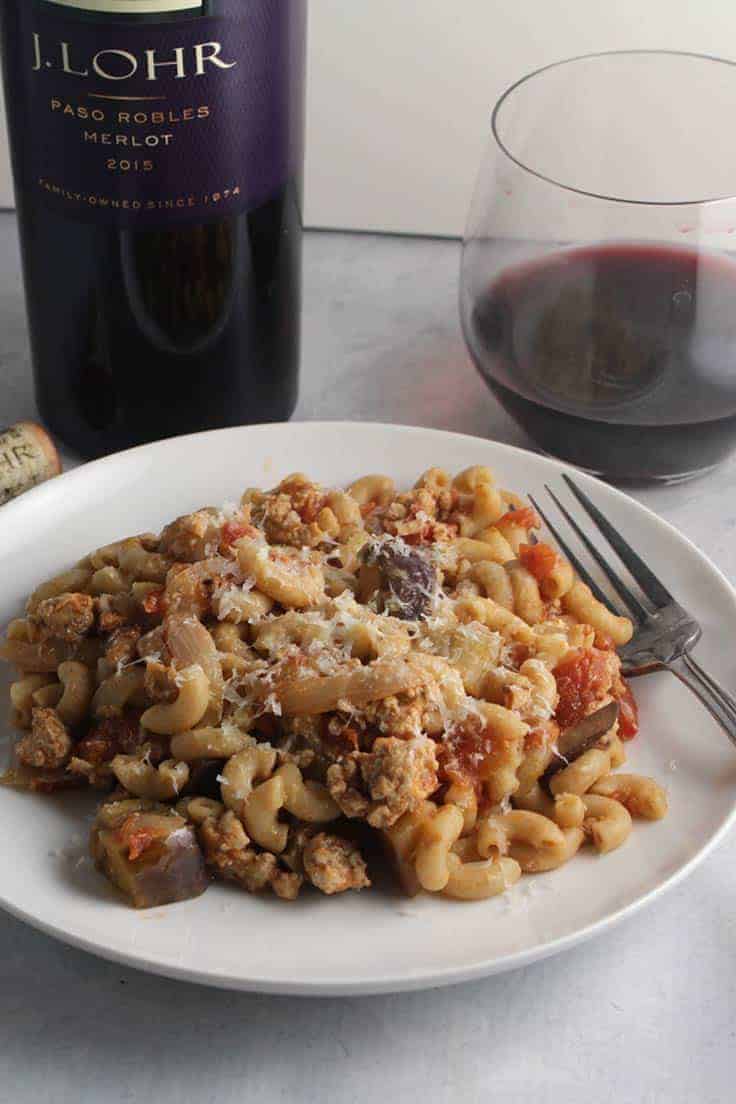 J. Lohr Merlot is a very good wine value, and pairs well with tomato and eggplant pasta. #Merlot #winepairing 