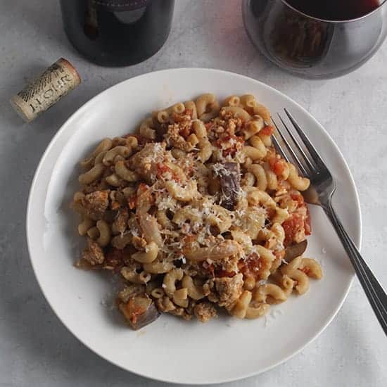 tomato and eggplant pasta with ground turkey.