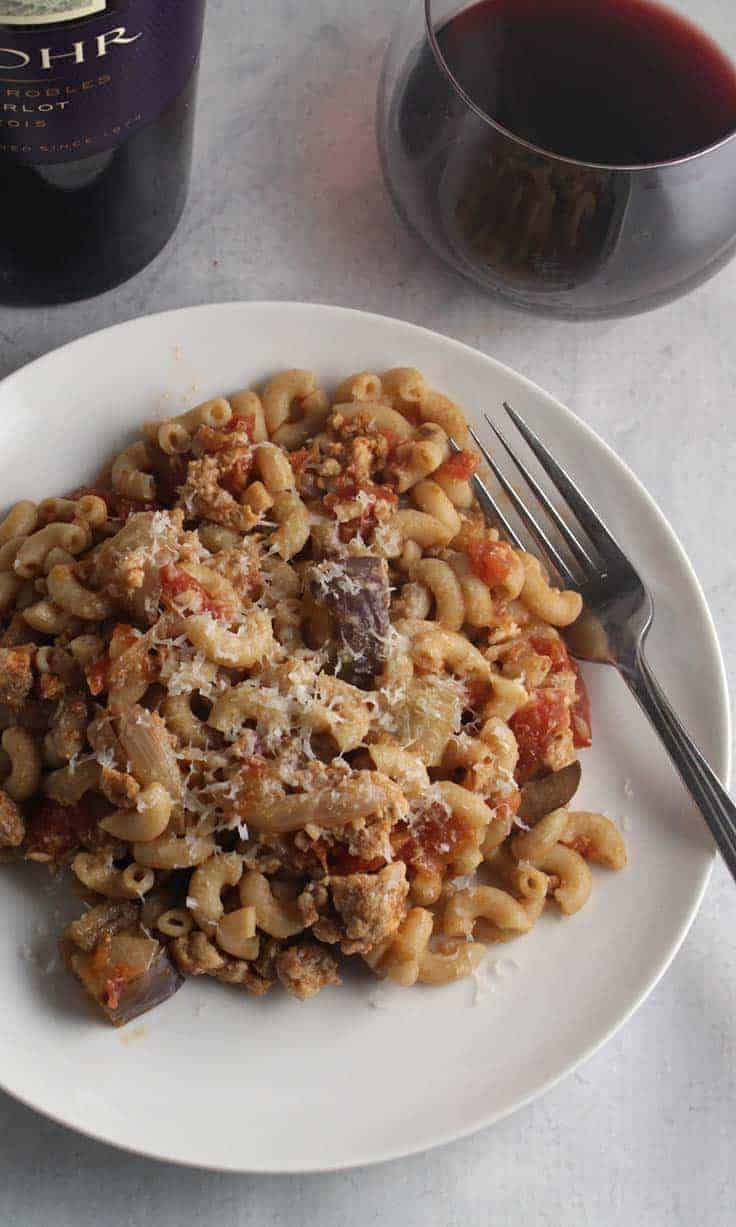 Tomato and Eggplant Pasta with Turkey makes a hearty and healthy meal, delicious paired with a good Merlot. #pasta #winepairing #MerlotMe #eggplant