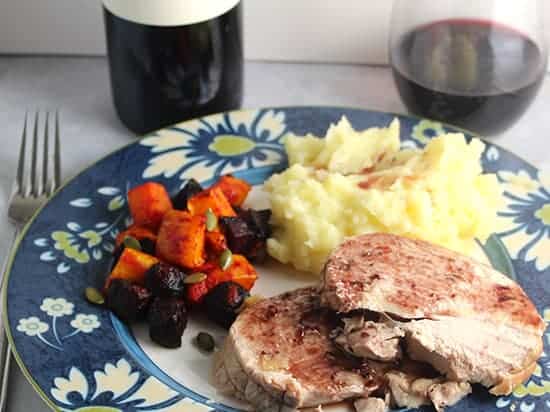 roasted beets and butternut squash paired with a Merlot.