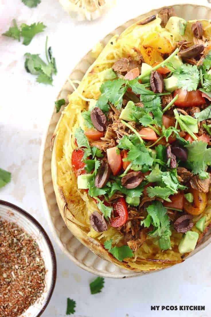 Paleo Turkey Taco Spaghetti Squash is healthy option for leftover turkey.