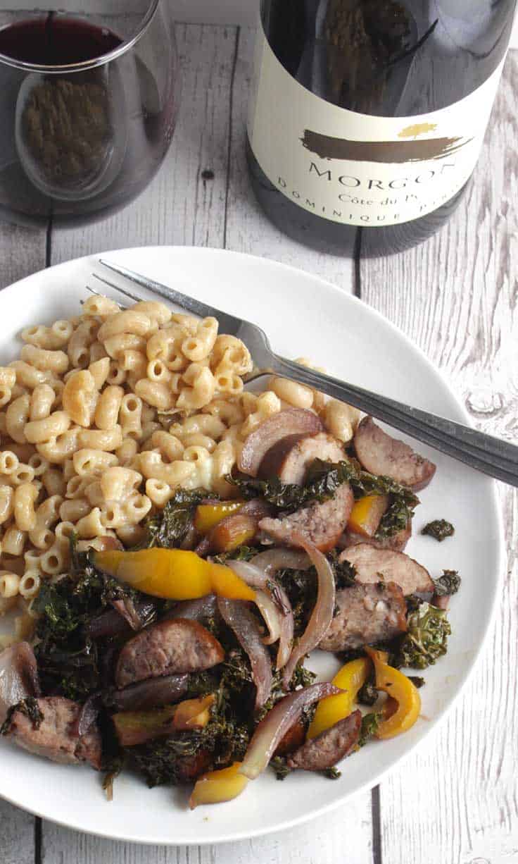 Kale and Kielbasa Skillet paired well with a Morgon Cru du Beaujolais wine. #skilletrecipes #winepairing #Beaujolais