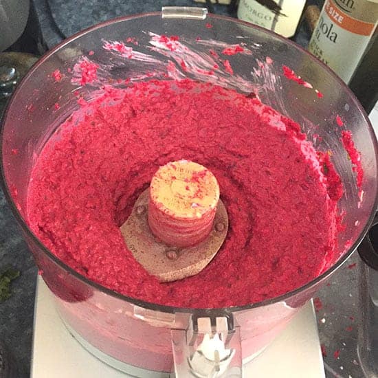 making beet dip in a food processor