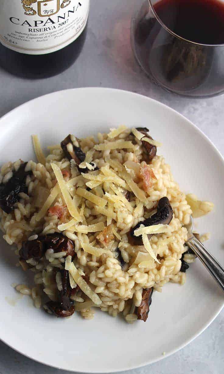 Rich, hearty flavors of creamy Roasted Portobello Mushroom Risotto pair nicely with a Brunello red wine. #risotto #Italianfood #Brunello