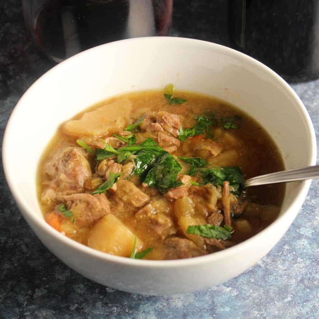 slow cooker Irish Lamb Stew in a white bowl.