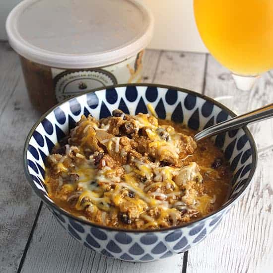 black bean turkey chili in a bowl shown from above