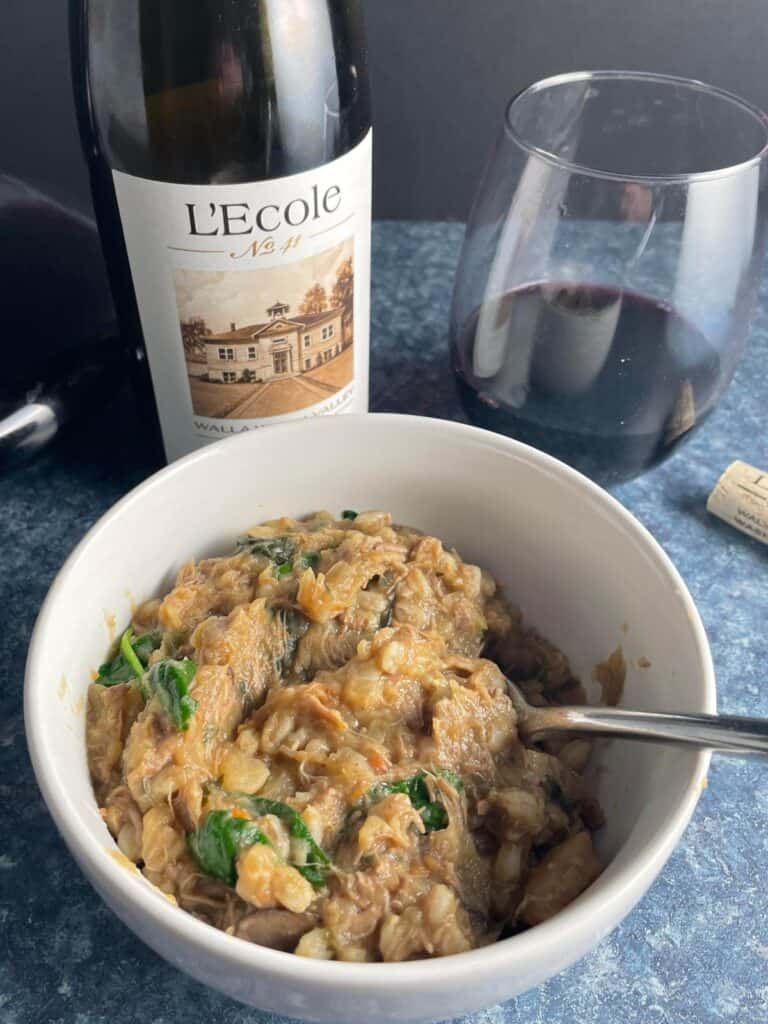 bowl of Irish lamb stew served with a red wine.