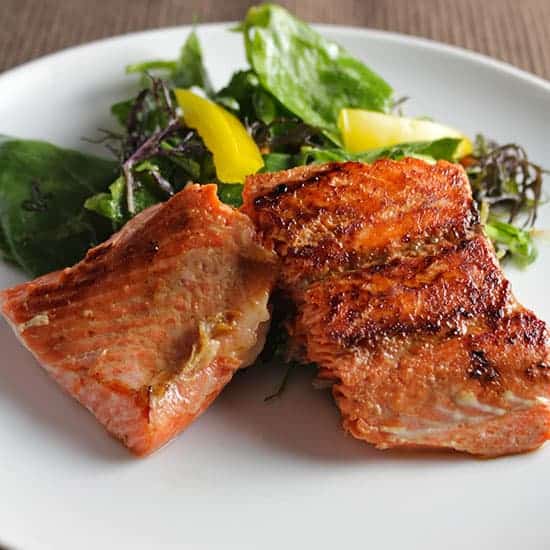 asian with Seared greens salmon