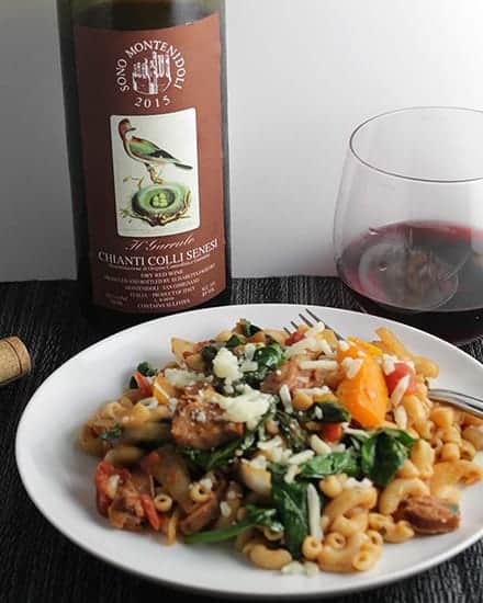 plate of rustic pasta with Montenidoli Chianti.