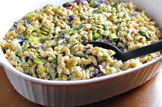 casserole dish with baked veggie mac and cheese casserole