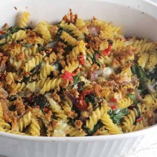 vegetarian baked pasta in a casserole dish.