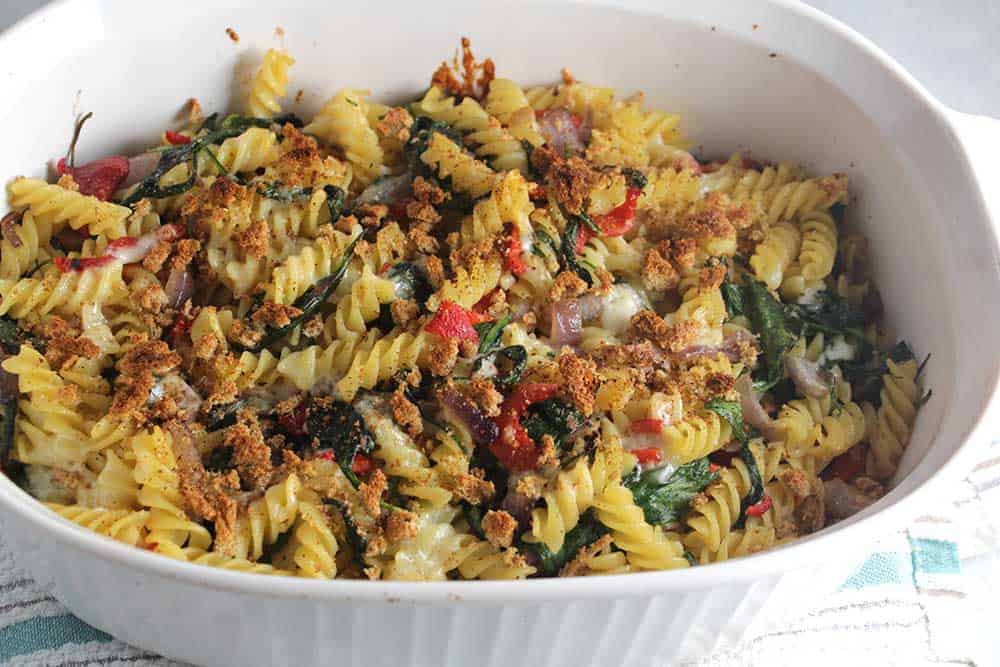 vegetarian baked pasta in a casserole dish.