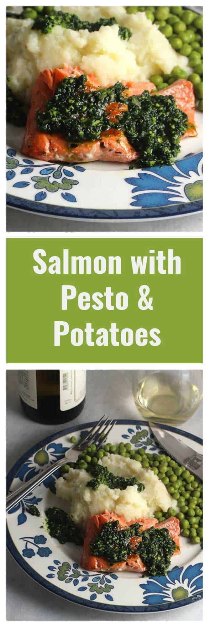 Two images of salmon with pesto, potatoes and peas served on a plate.