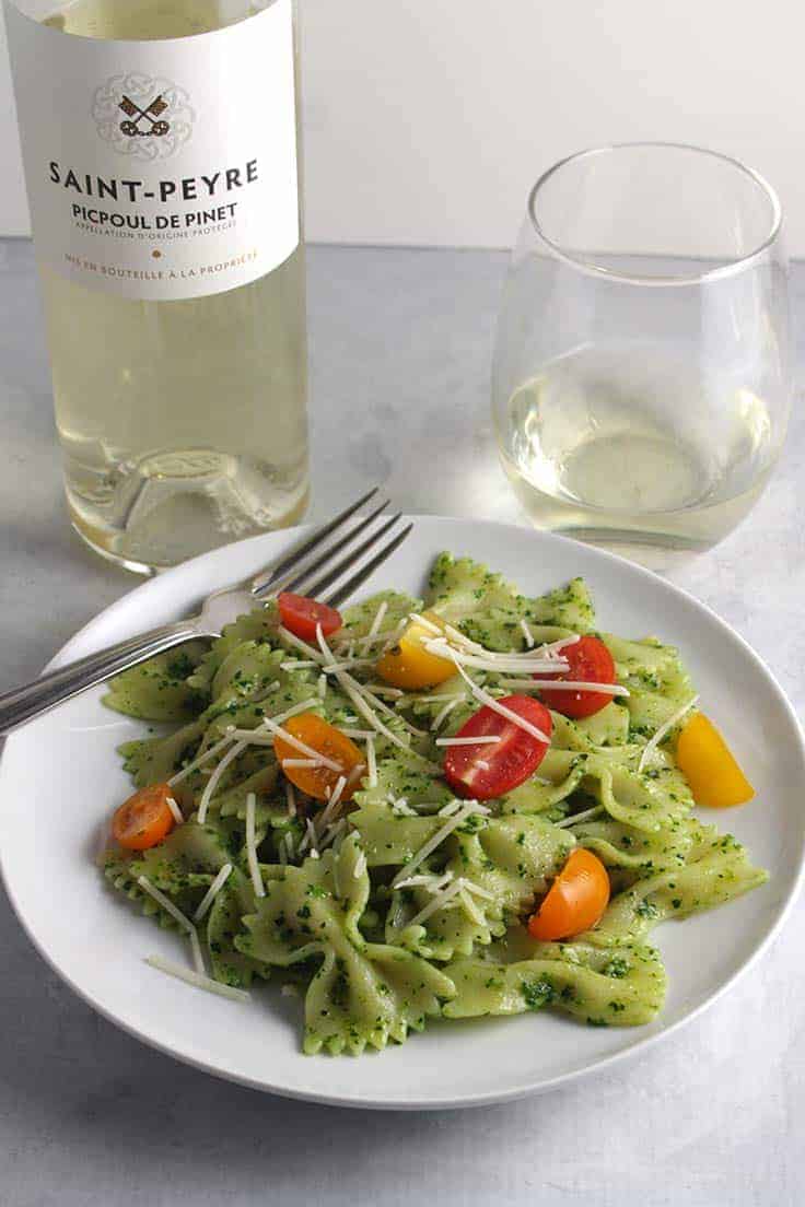 pasta with pesto served with white wine made from Picpoul grape.