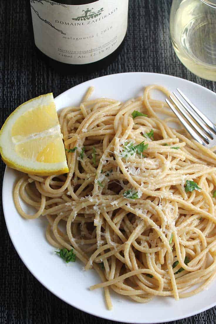 Asiago Lemon Spaghetti plated with white wine.