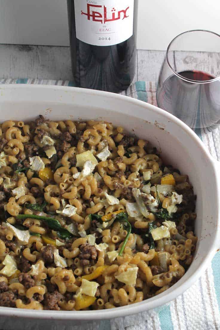 Hearty beef and cheese casserole is a great way to use extra cheese on hand. Delicious with a red wine from Côtes de Bordeaux. #winophiles #casseroles