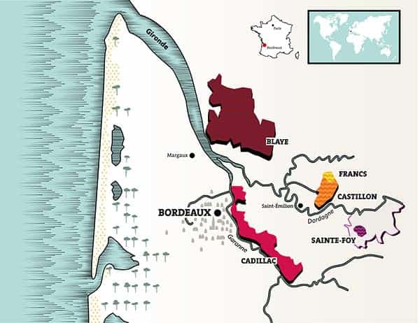 a map of the Cotes de Bordeaux wine region