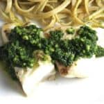 grilled halibut topped with kale pesto