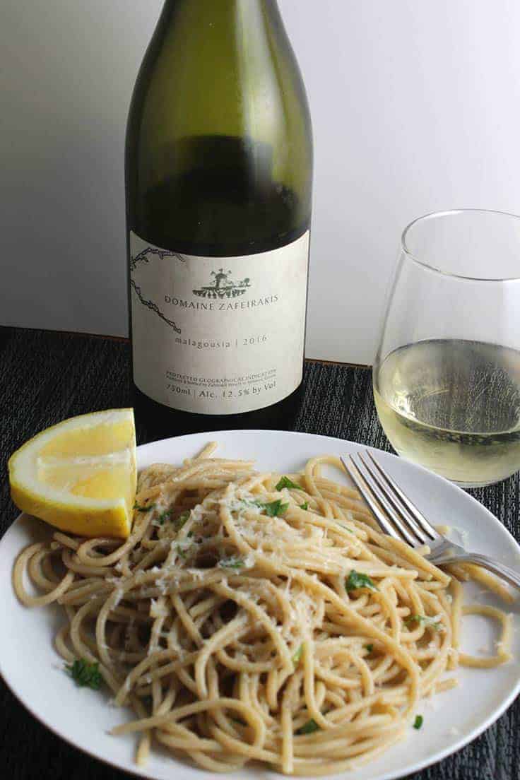 lemon spaghetti plated and served with Greek white wine.