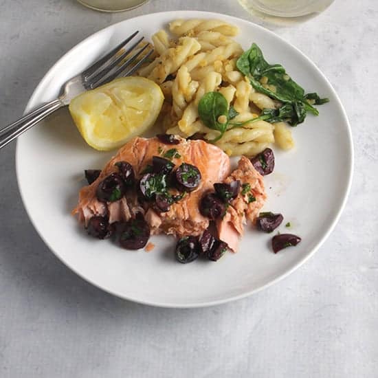 salmon with lemon olive relish.