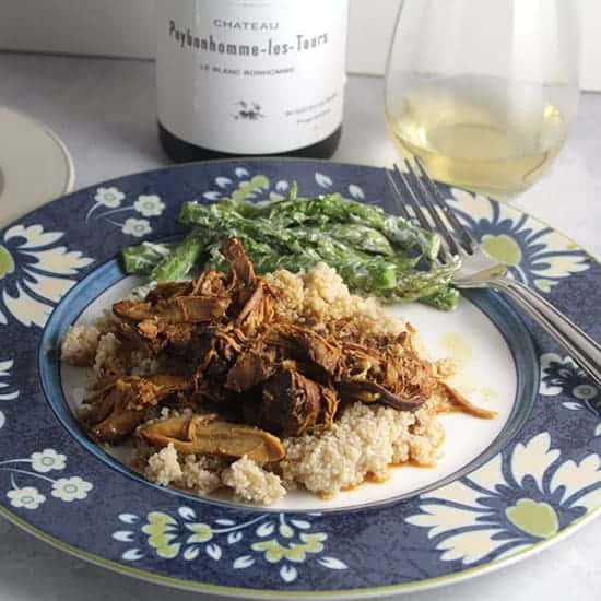 honey mustard chicken thighs paired with a white Cotes de Bordeaux.