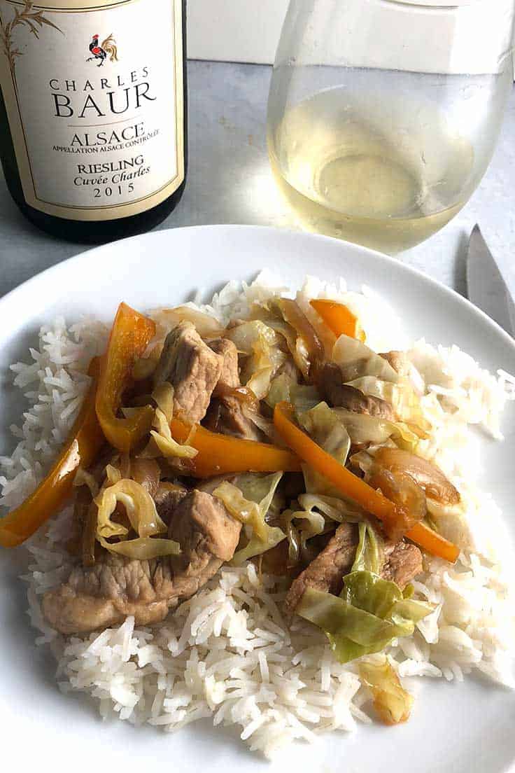 pork and cabbage skillet recipe is easy to make, and very tasty with a Riesling from Alsace. #AlsaceRocks #winepairing #pork #skilletrecipes #sponsored 