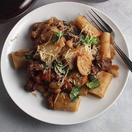 spicy chicken sausage pasta on a plate