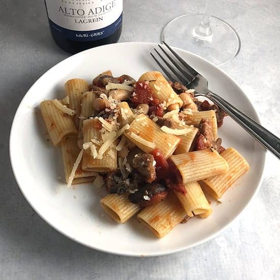 leftover steak pasta on a plate.