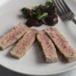 pan seared tuna steak with olive relish.