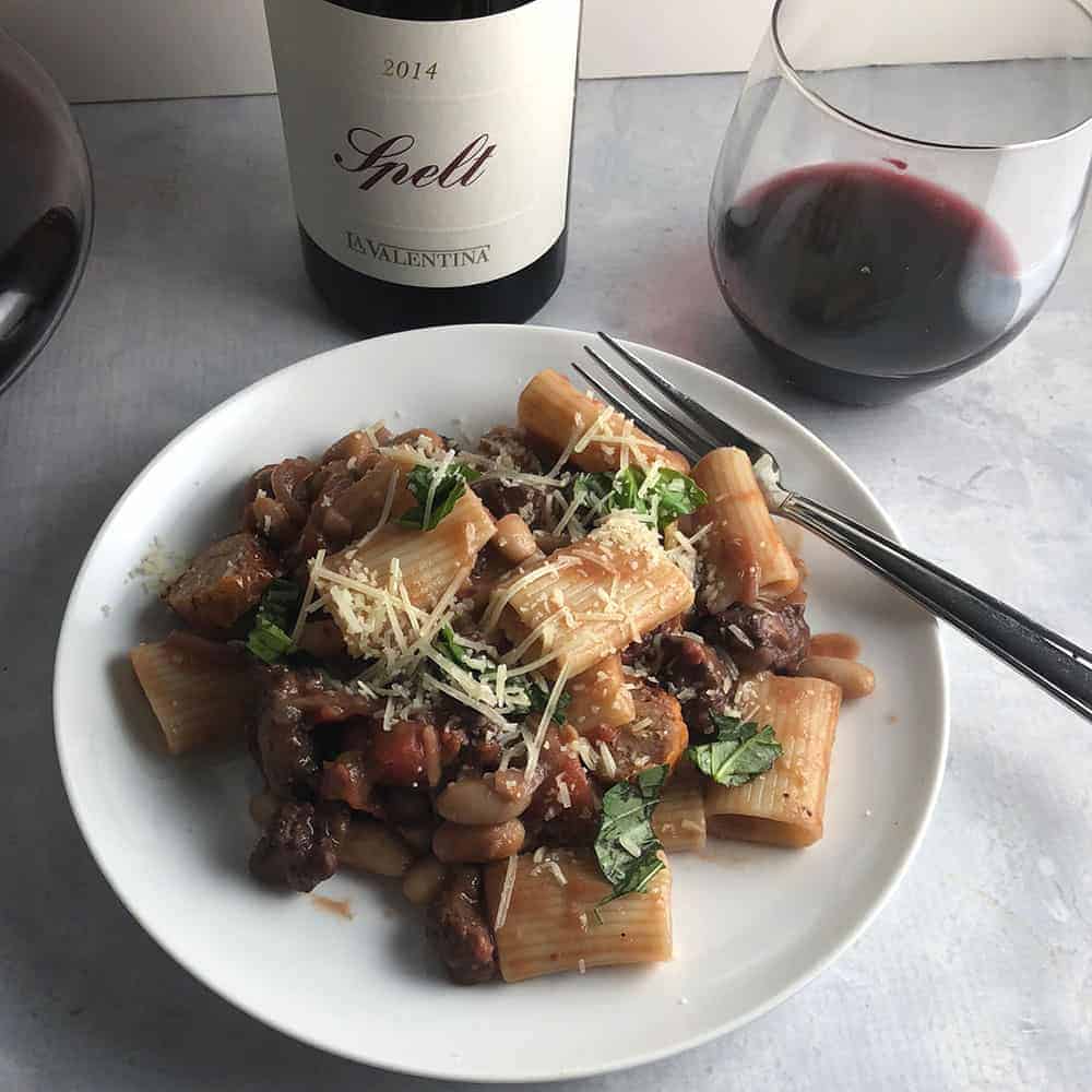 spicy chicken sausage pasta paired with Spelt Montepulciano d'Abruzzo