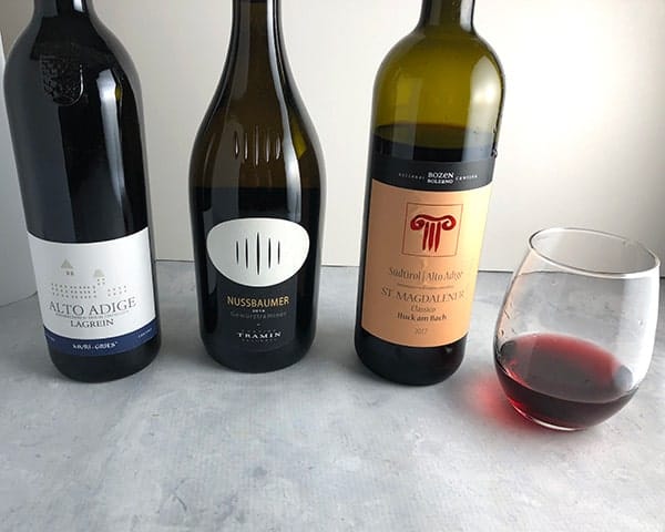 three bottles of wine from Alto Adige - Sütirol, Italy.