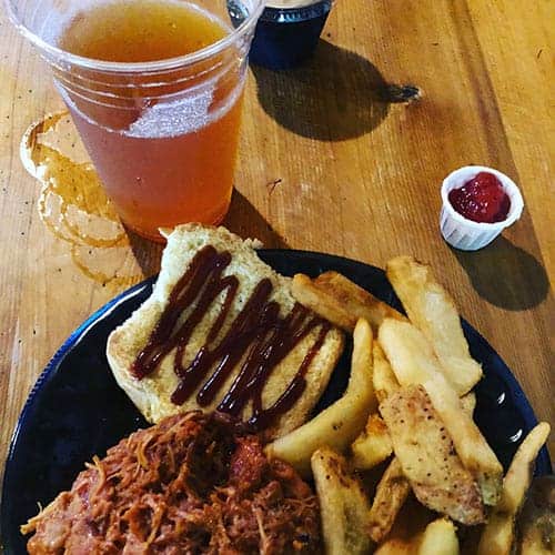 chicken sandwich with a beer at Canobie Lake Park.