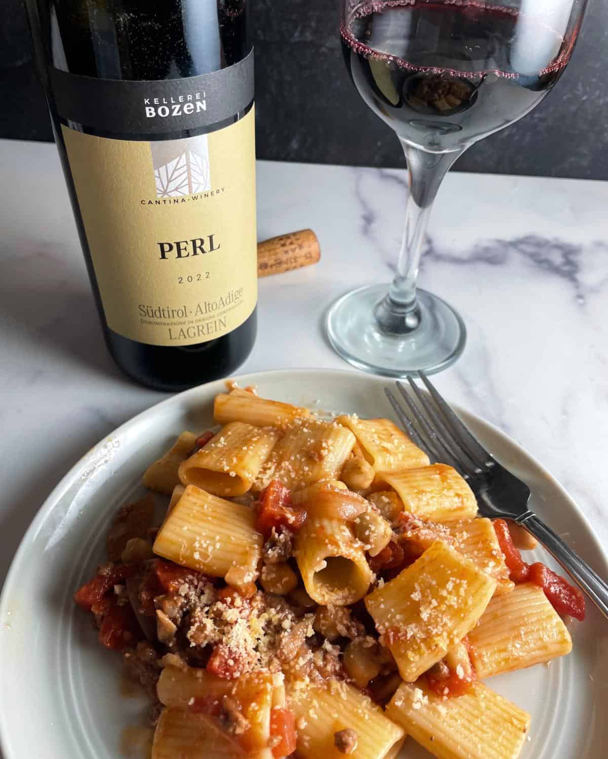 rigatoni with meat sauce served with an Italian red wine.