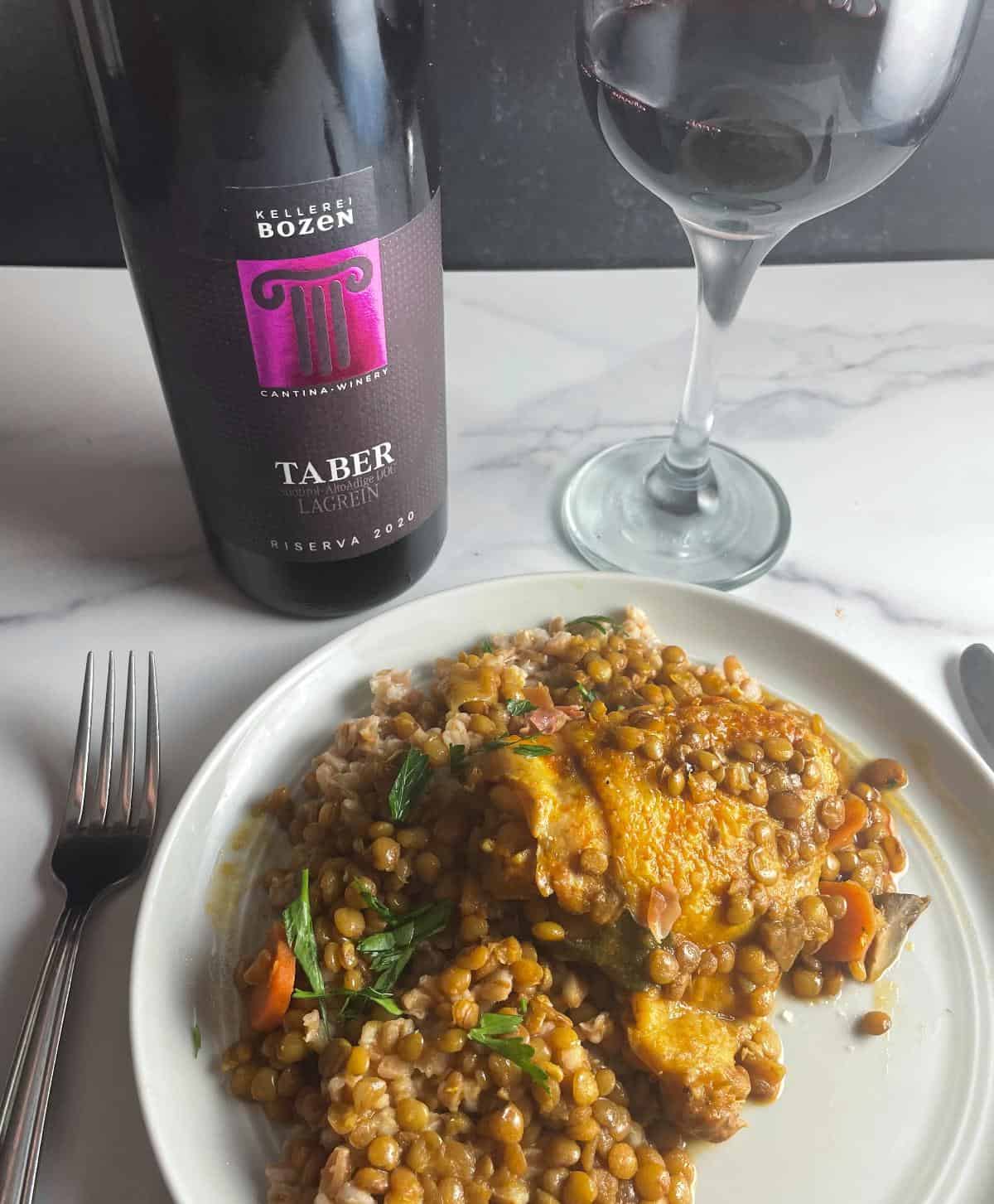 Taber Lagrein wine served with chicken and lentils.