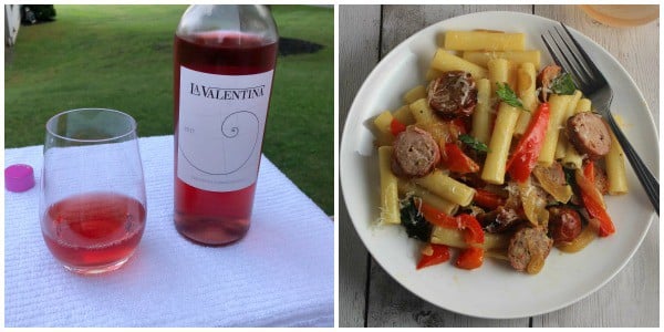 bottle of La Valentina Cerasualo wine alongside ziti with sausage