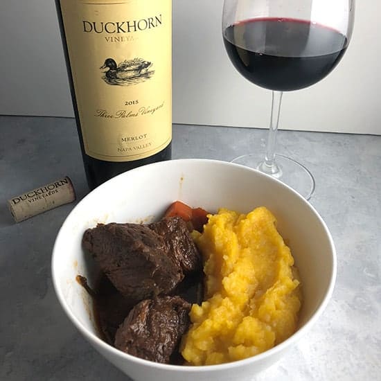 BBQ beef stew with Three Palms Napa Merlot from Duckhorn Vineyards