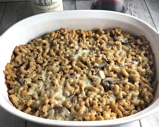 mushroom mac and cheese in casserole dish.