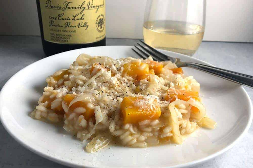 Butternut Squash Risotto with white blend from Davis Family Vineyards.