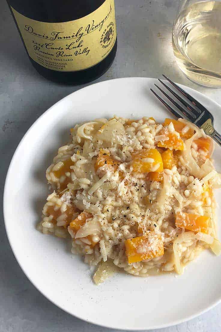Vegetarian Butternut Squash Risotto recipe pairs well with a white wine from Sonoma. #vegetarian #risotto #winepairing