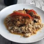Spanish Chicken Chilindron served over rice.