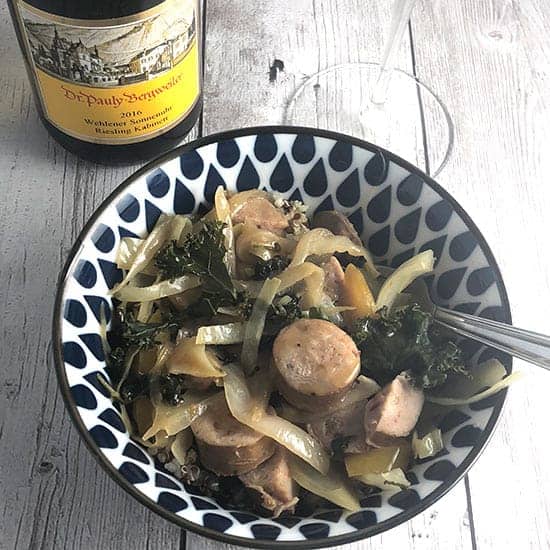 chicken sausage veggie bowl with Riesling.